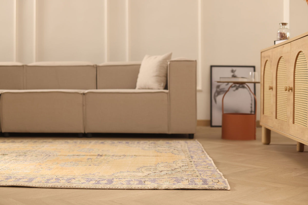 Vintage Manisa Turkish Area Rug 6x9 ft — Orange & Beige Floral