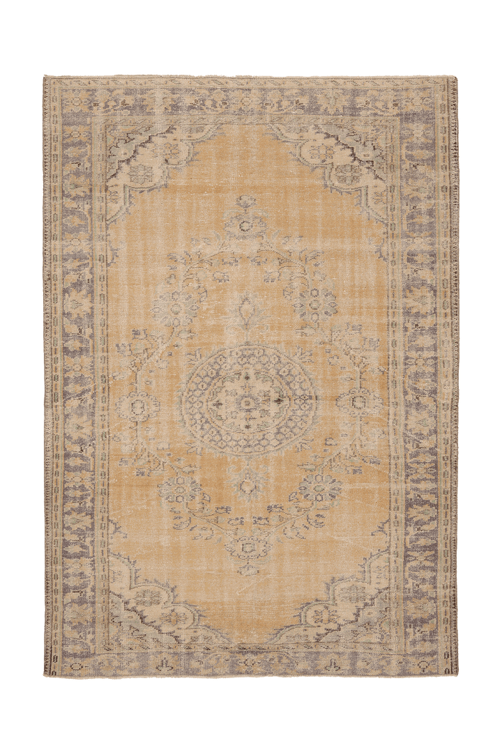 Vintage Manisa Turkish Area Rug 6x9 ft — Orange & Beige Floral