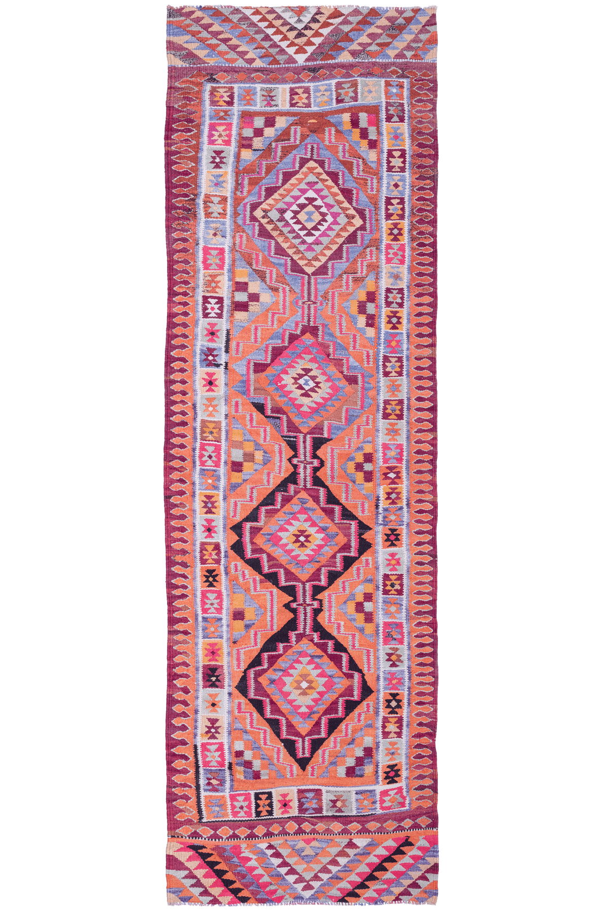 Handmade 3.4x11.3 ft wool and cotton Persian-style kilim runner in vibrant orange and pink with maximalist geometric patterns.