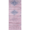 Handmade 2.7x9.5 ft wool and cotton runner rug in pink and brown with a bohemian geometric pattern.