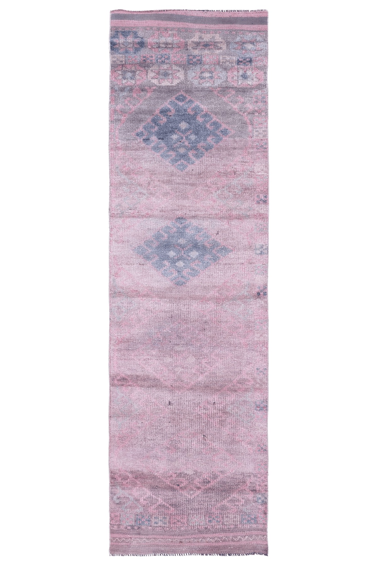 Handmade 2.7x9.5 ft wool and cotton runner rug in pink and brown with a bohemian geometric pattern.