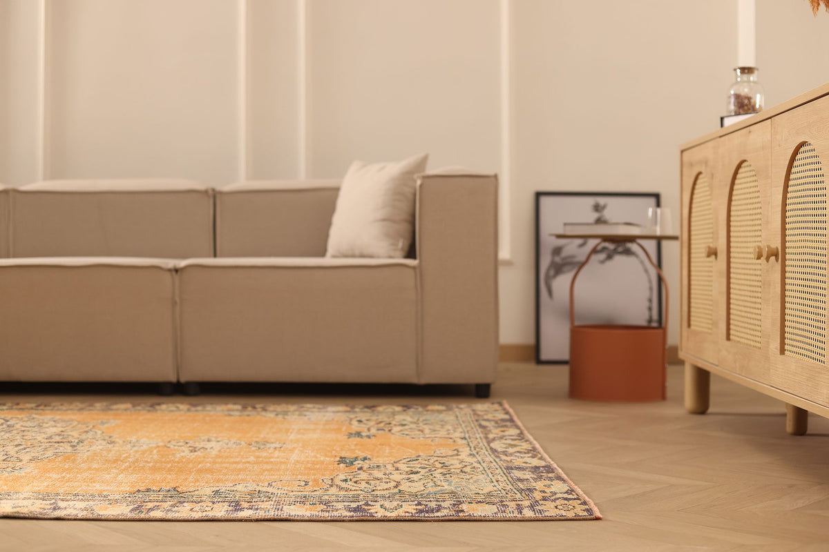 Vintage Manisa Turkish Area Rug 5x9 ft — Orange & Beige Floral