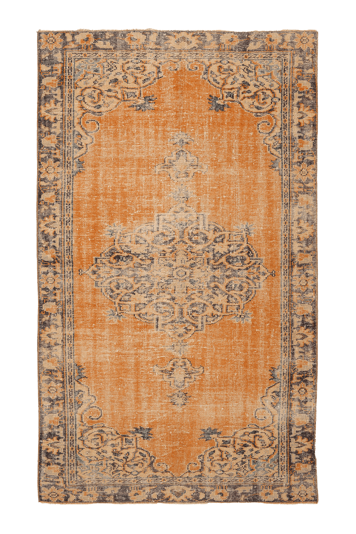 Vintage Manisa Turkish Area Rug 5x9 ft — Orange & Beige Floral