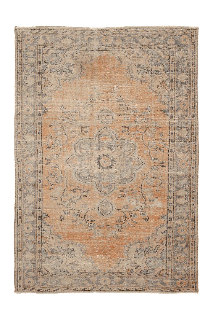 Vintage Isparta Turkish Area Rug 6x9 ft — Orange & Beige Floral