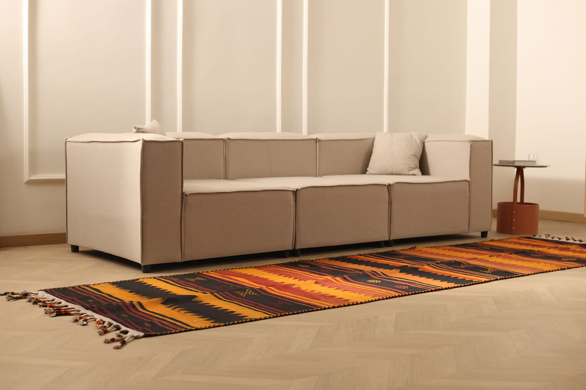 Vintage Adıyaman Turkish Kilim Runner Rug 4x12 ft — Orange & Brown Southwestern