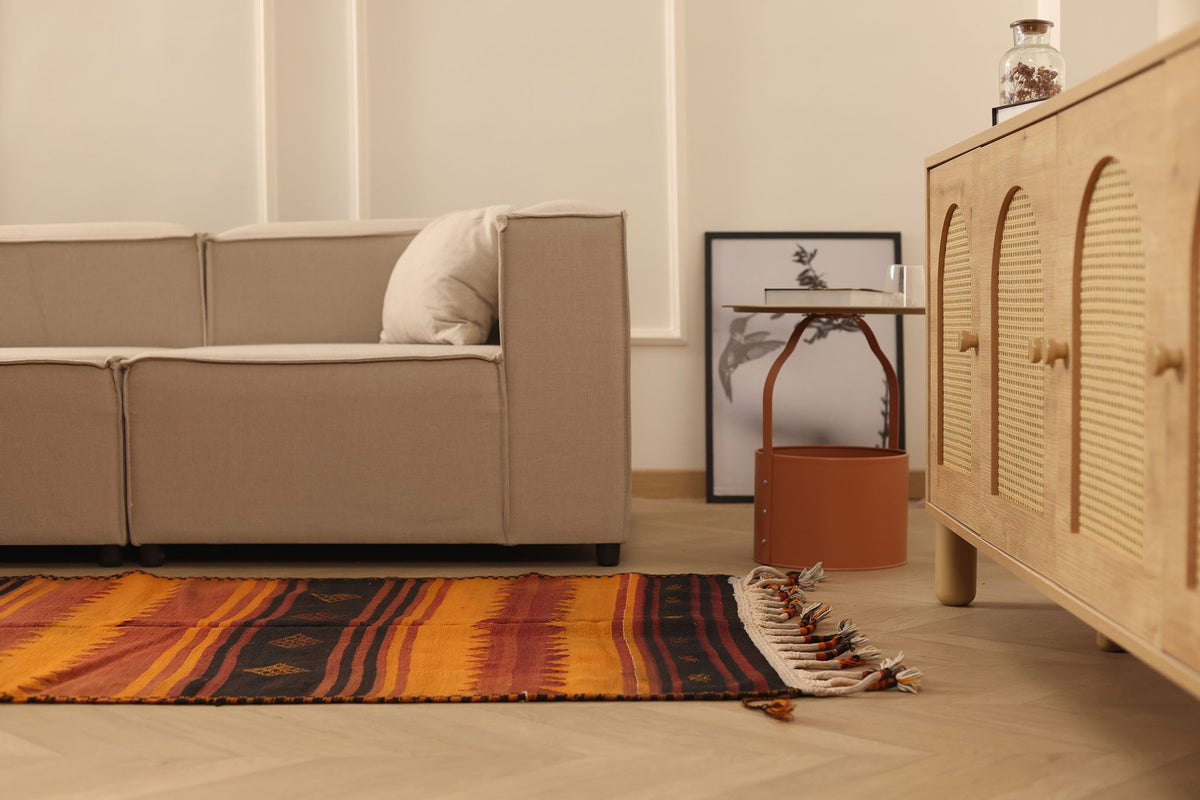 Vintage Adıyaman Turkish Kilim Runner Rug 4x12 ft — Orange & Brown Southwestern