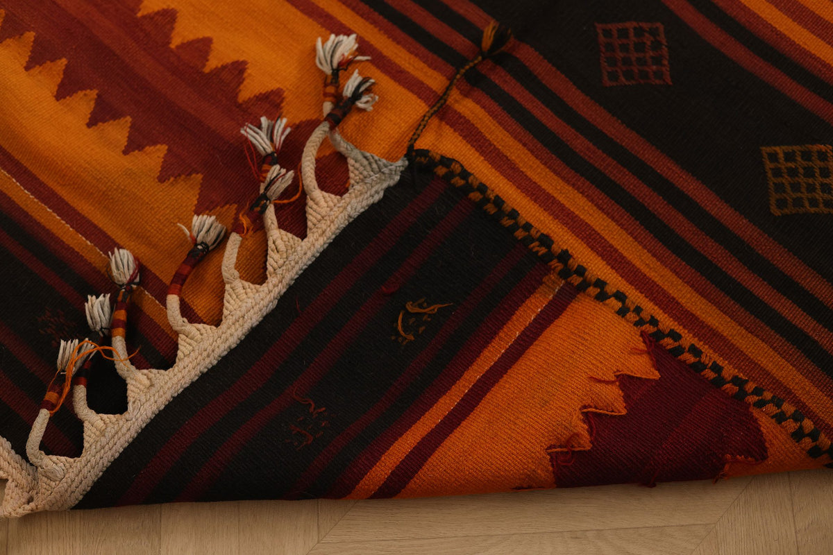 Vintage Adıyaman Turkish Kilim Runner Rug 4x12 ft — Orange & Brown Southwestern