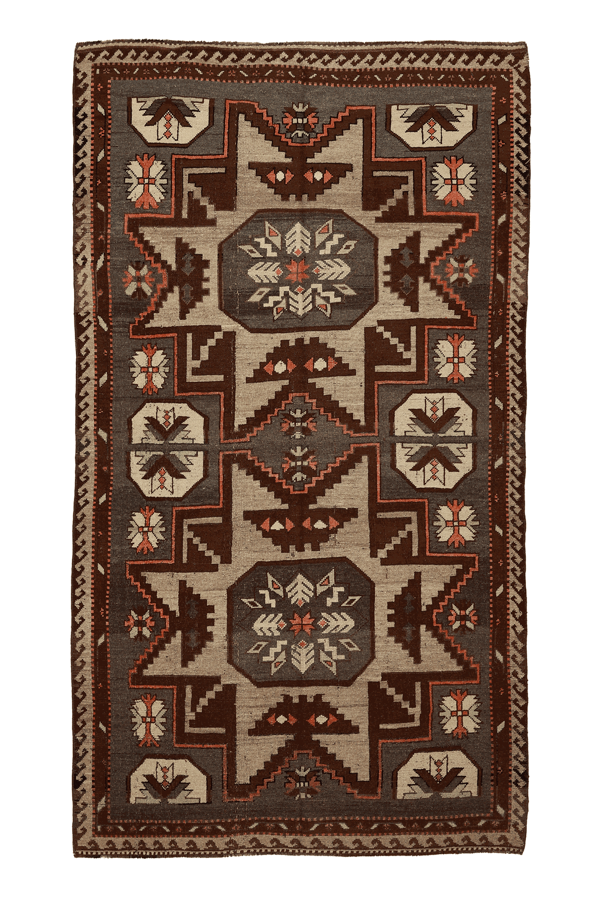 Vintage Kars Turkish Area Rug 5x9 ft — Brown & Gray Geometric
