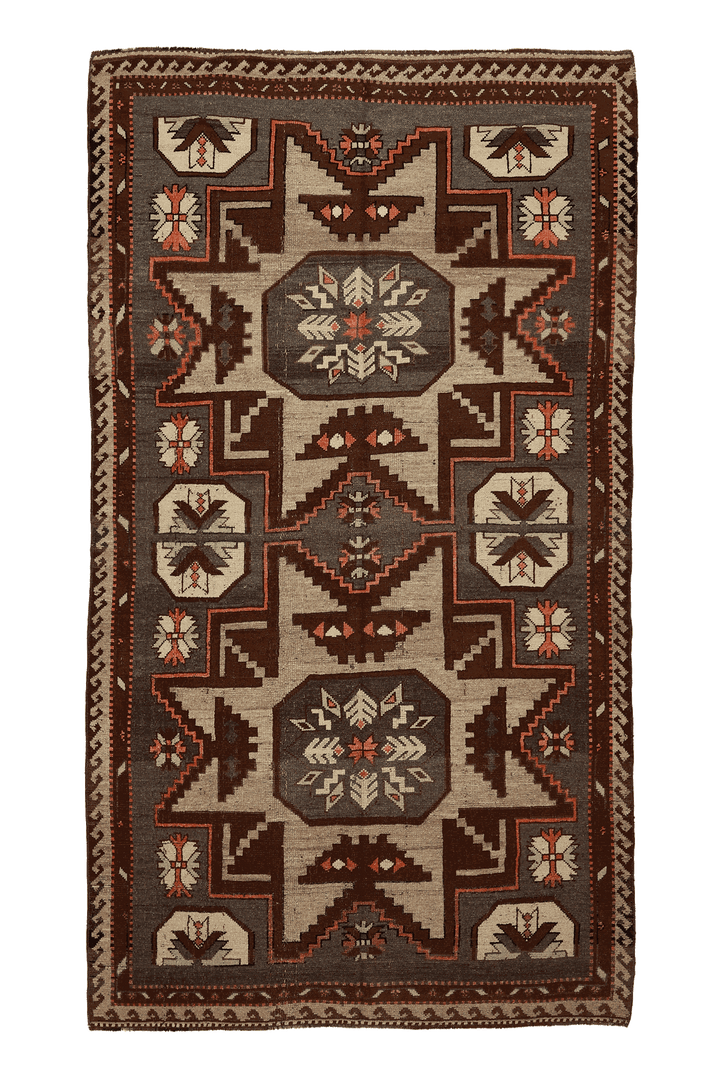 Vintage Kars Turkish Area Rug 5x9 ft — Brown & Gray Geometric