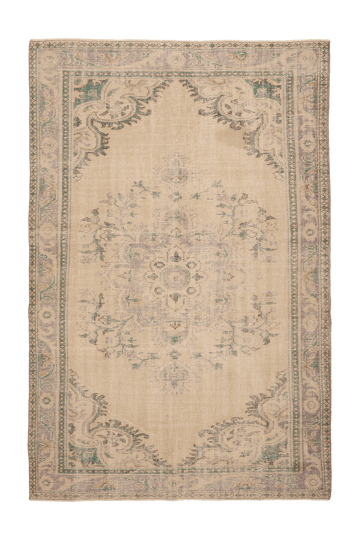 Vintage Isparta Turkish Area Rug 6x9 ft — Beige & Green Floral