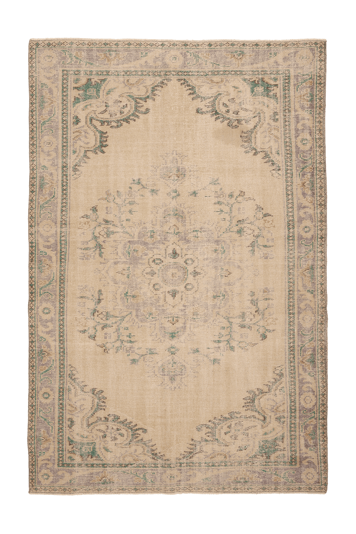 Vintage Isparta Turkish Area Rug 6x9 ft — Beige & Green Floral