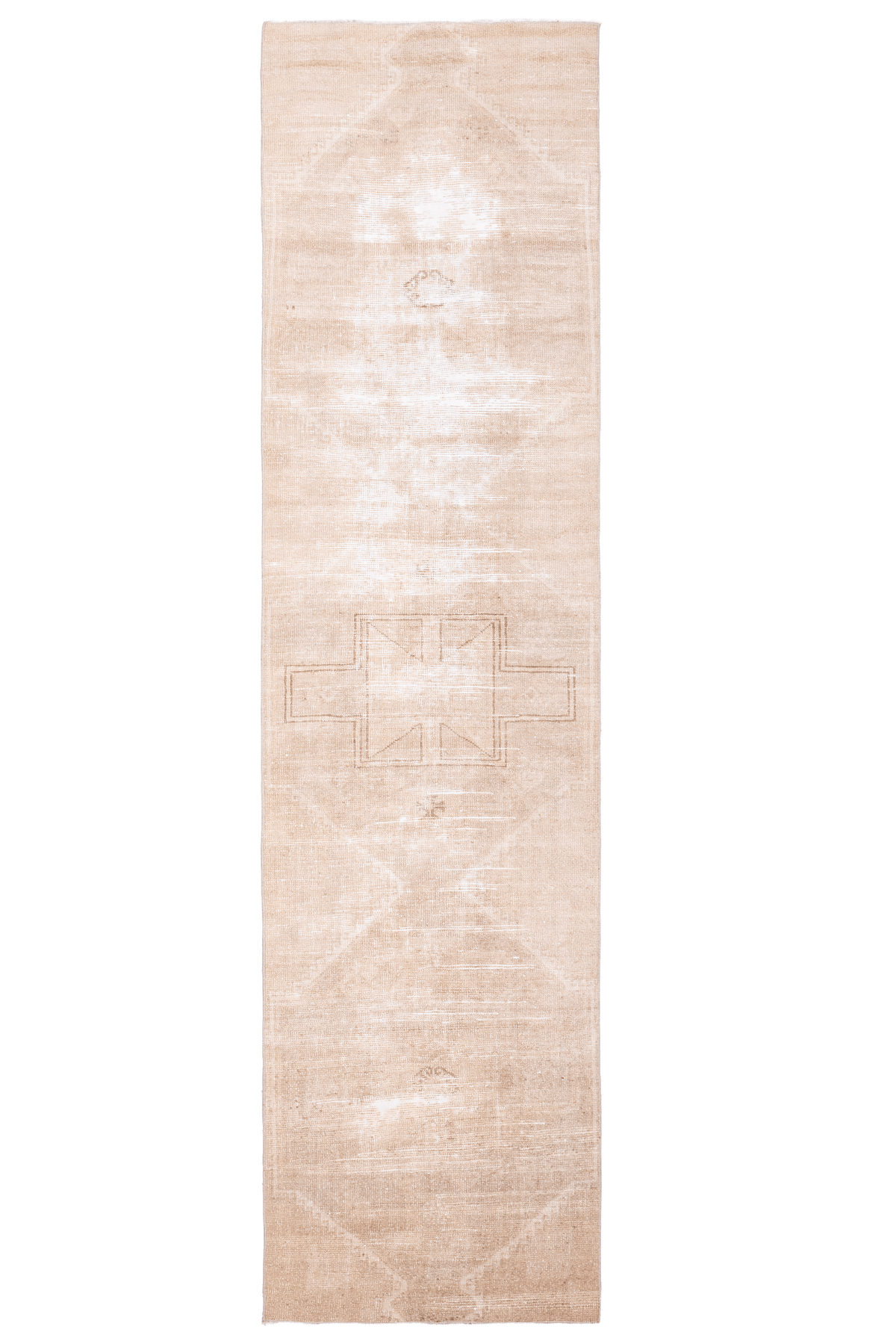 Hand-woven 2x10 ft vintage Turkish runner rug in beige and brown with geometric patterns and wool-cotton blend.