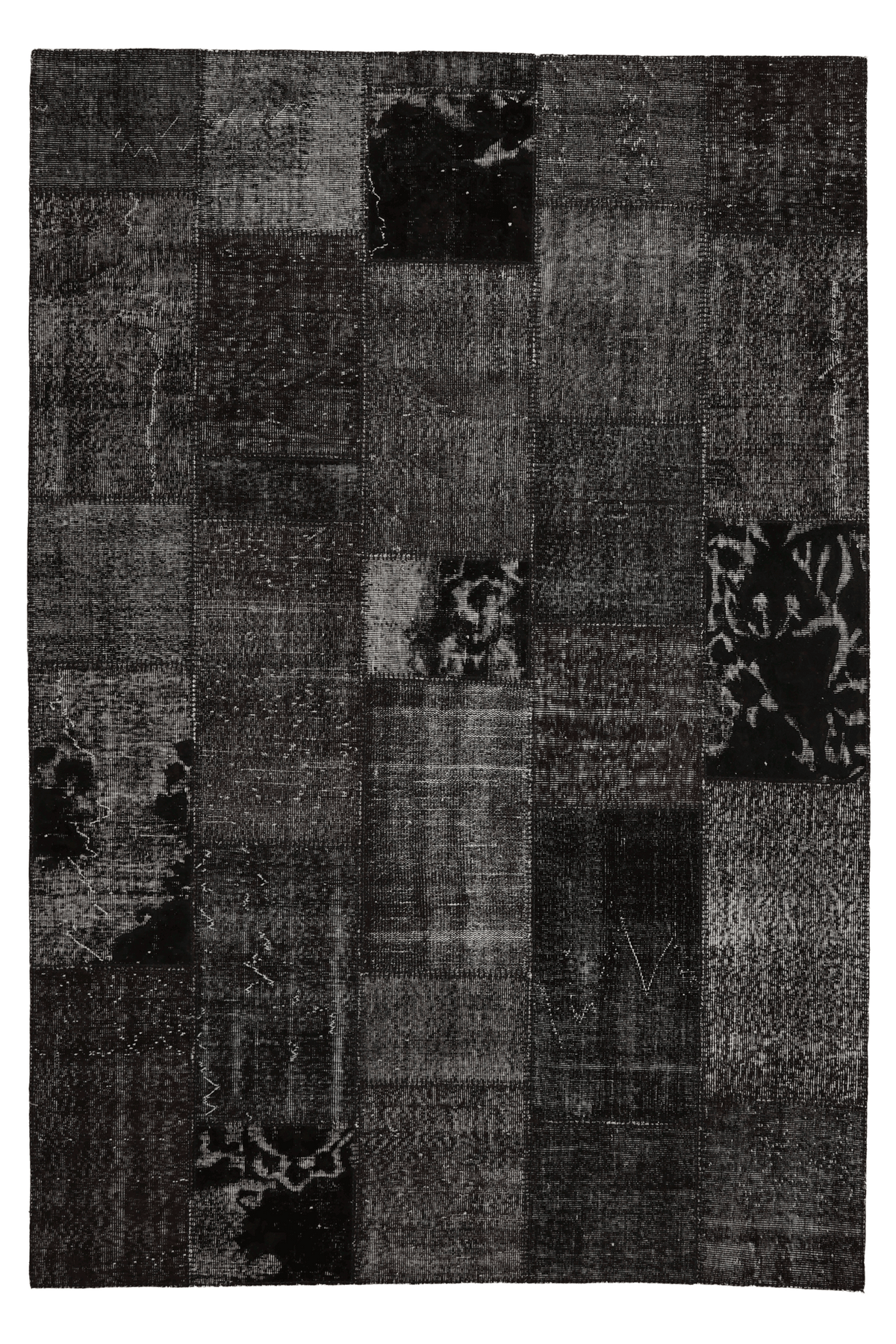 6x9 ft black patchwork vintage Turkish area rug made of hand-stitched wool and cotton with distressed bohemian patterns.