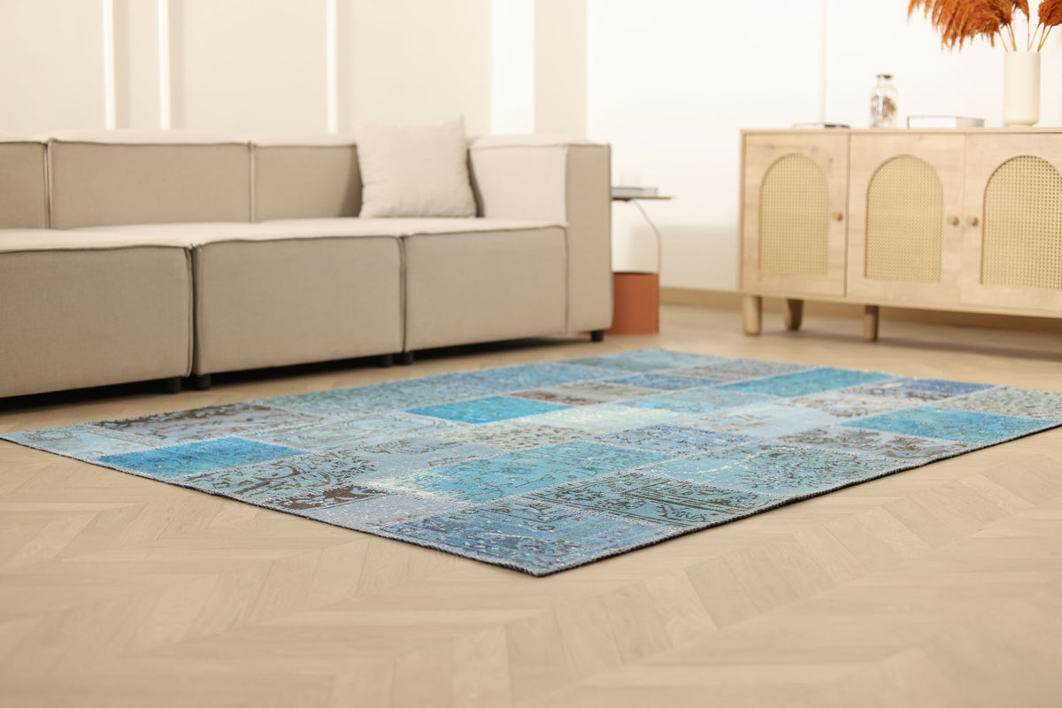 Vintage Turkish Area Rug 5x7 ft — Blue Patchwork