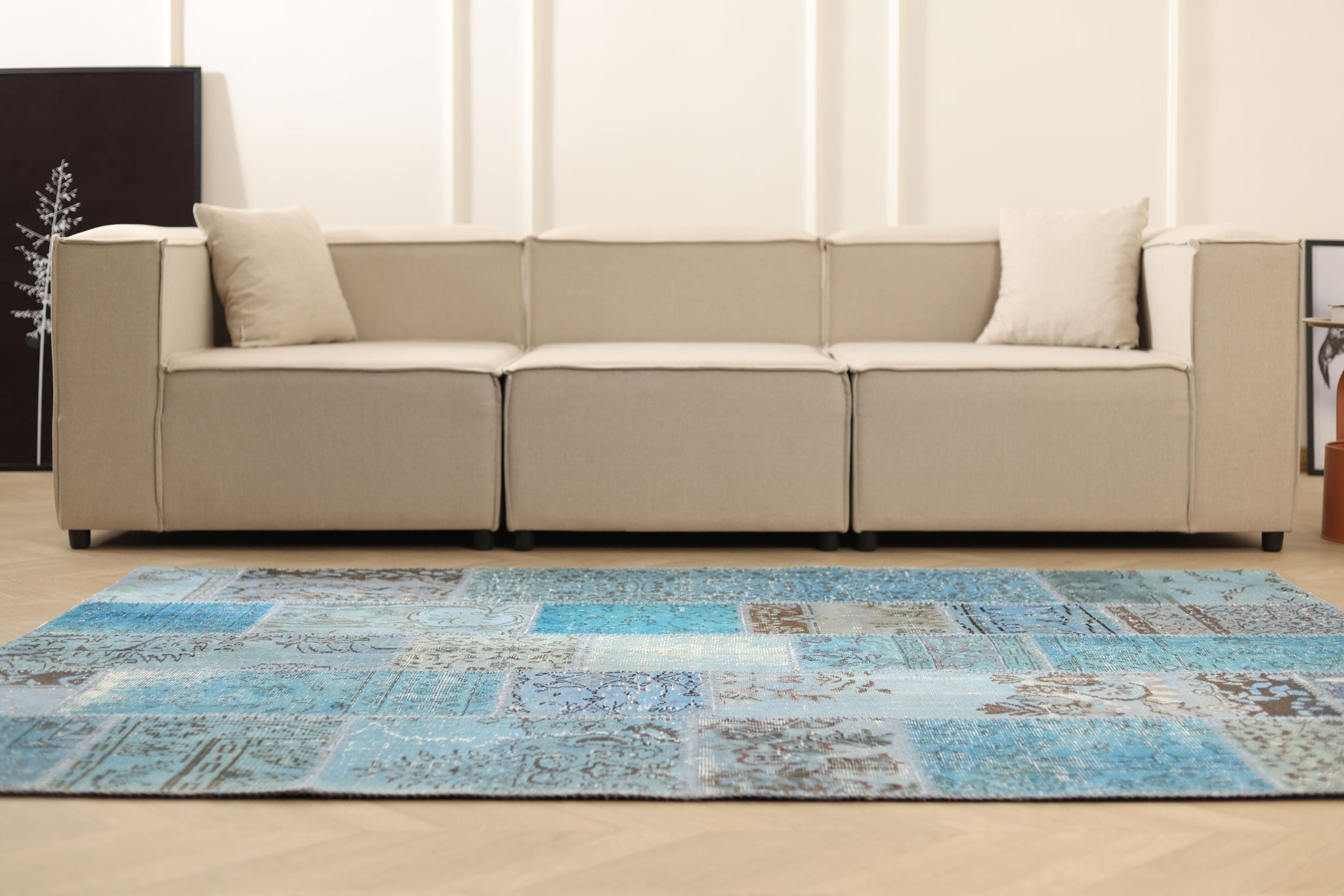 Vintage Turkish Area Rug 5x7 ft — Blue Patchwork