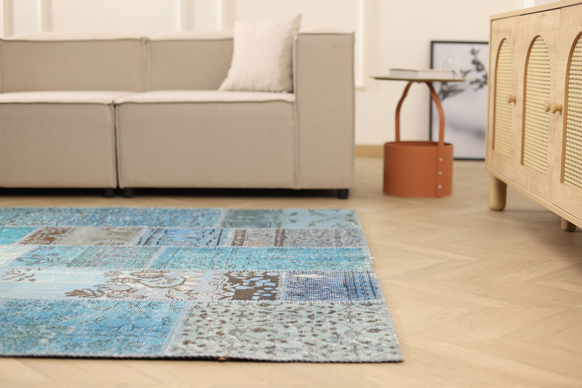 Vintage Turkish Area Rug 5x7 ft — Blue Patchwork