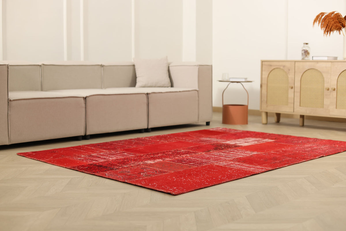 Vintage Turkish Area Rug 5x8 ft — Red Patchwork