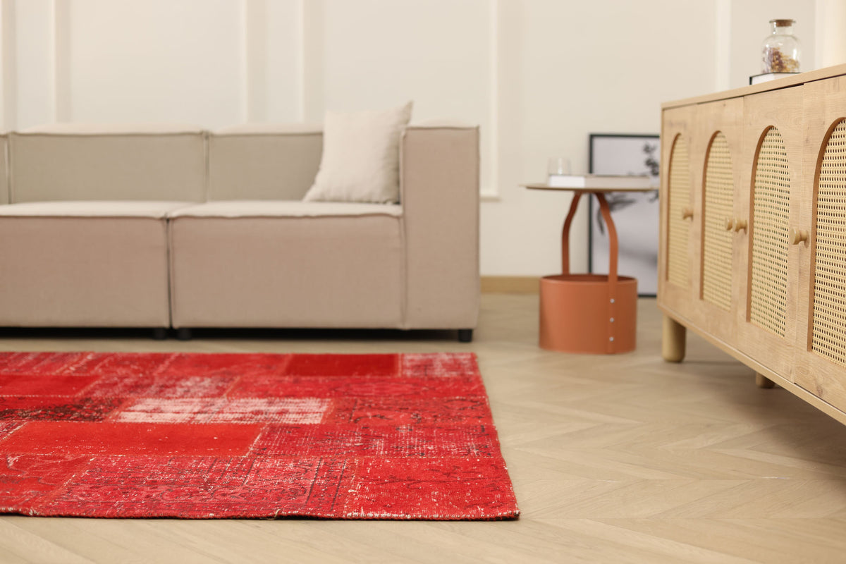 Vintage Turkish Area Rug 5x8 ft — Red Patchwork