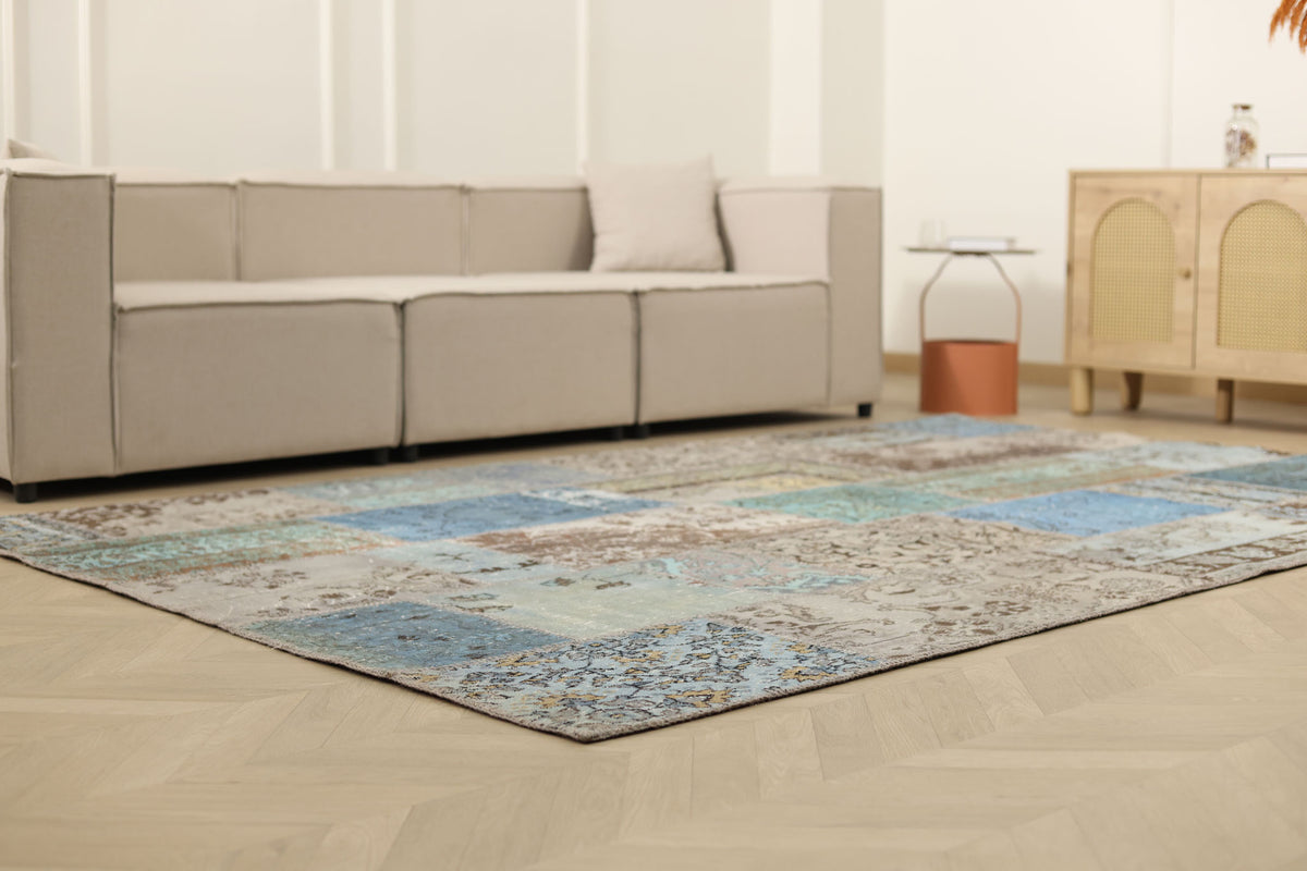 Vintage Turkish Area Rug 6x10 ft — Blue & Gray Patchwork