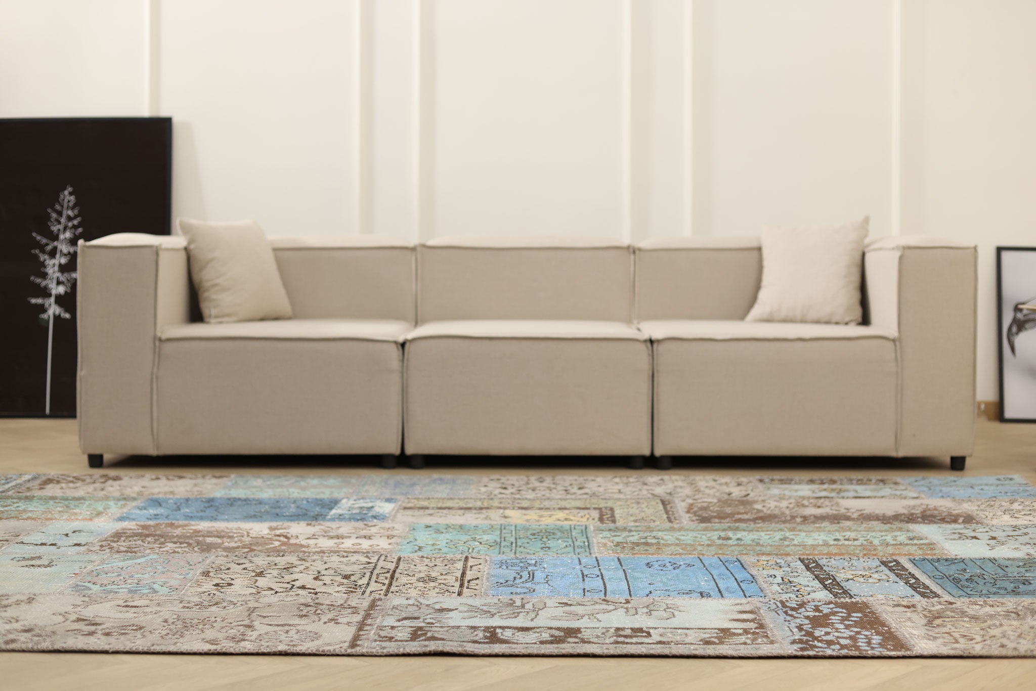 Vintage Turkish Area Rug 6x10 ft — Blue & Gray Patchwork
