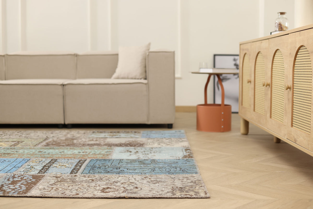 Vintage Turkish Area Rug 6x10 ft — Blue & Gray Patchwork