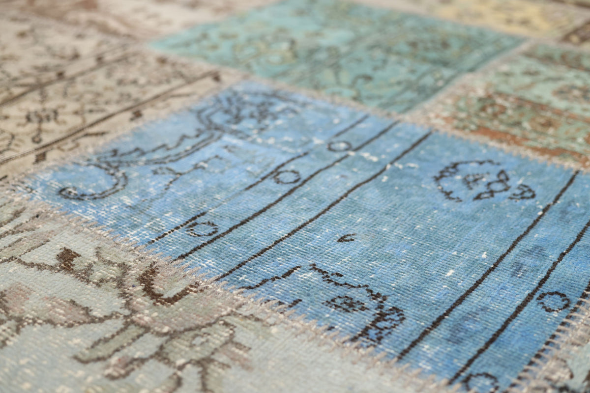 Vintage Turkish Area Rug 6x10 ft — Blue & Gray Patchwork