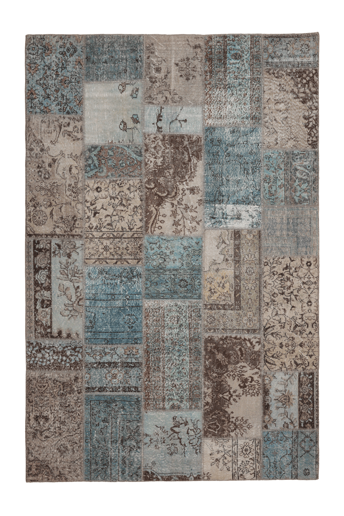 Vintage Turkish Area Rug 6x10 ft — Blue & Gray Patchwork