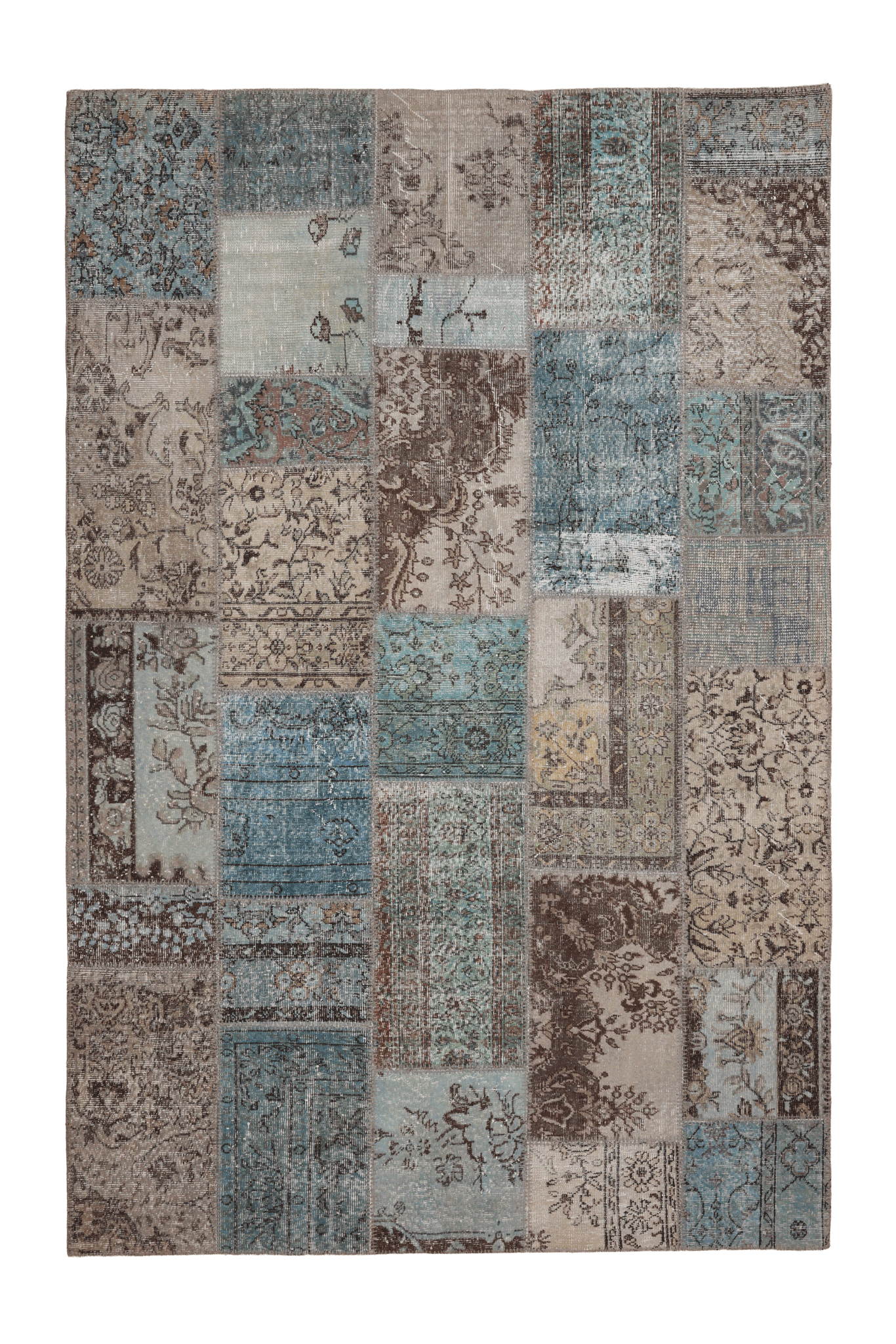 Vintage Turkish Area Rug 6x10 ft — Blue & Gray Patchwork