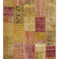 6x9 ft vintage Turkish patchwork rug in yellow and red with floral patterns, handcrafted from wool and cotton.