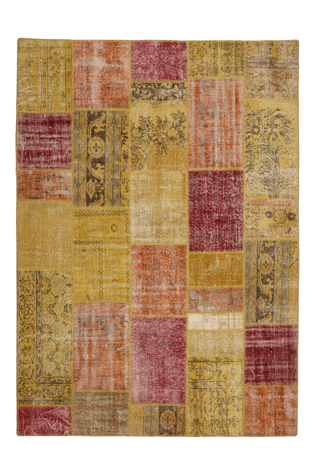 6x9 ft vintage Turkish patchwork rug in yellow and red with floral patterns, handcrafted from wool and cotton.