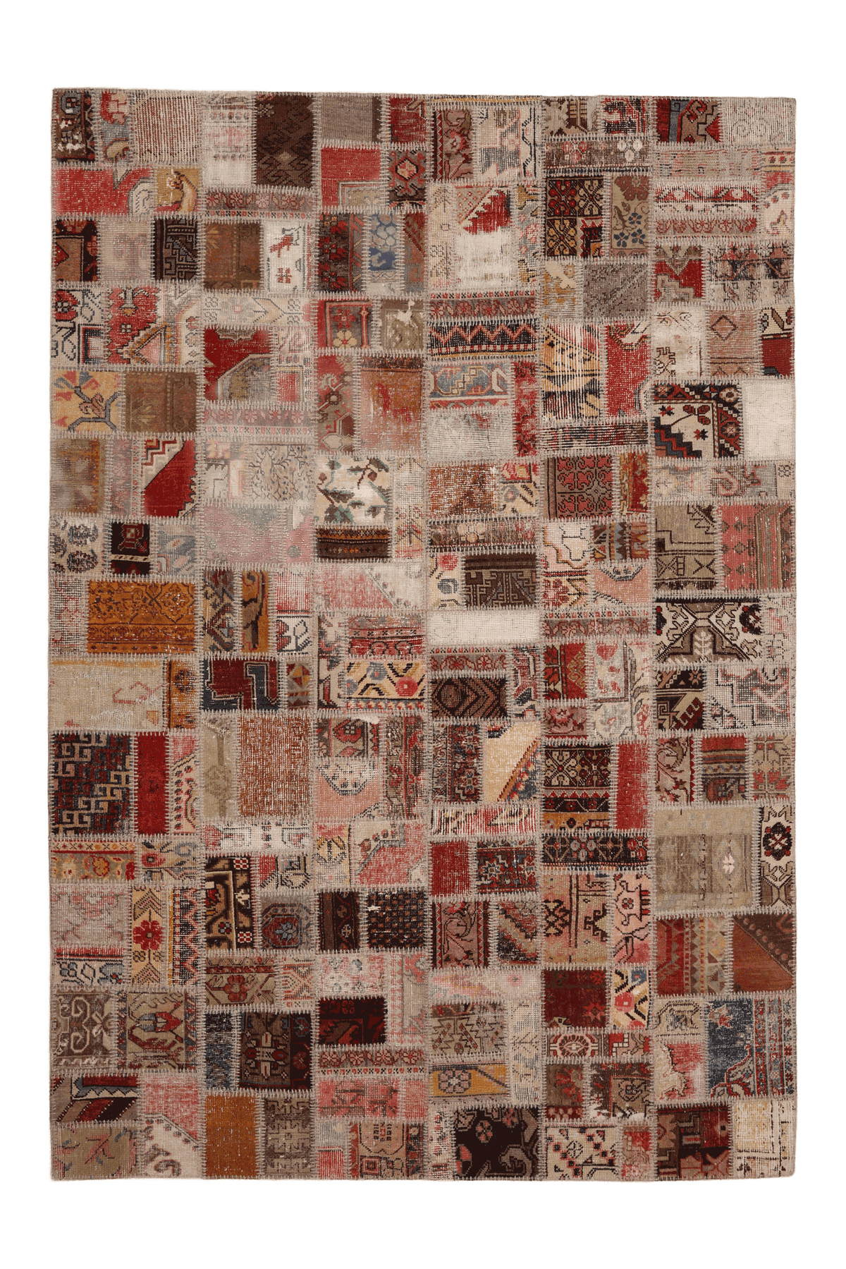 6x9 ft vintage Turkish patchwork area rug in wool and cotton with vibrant geometric patterns and eclectic colors.