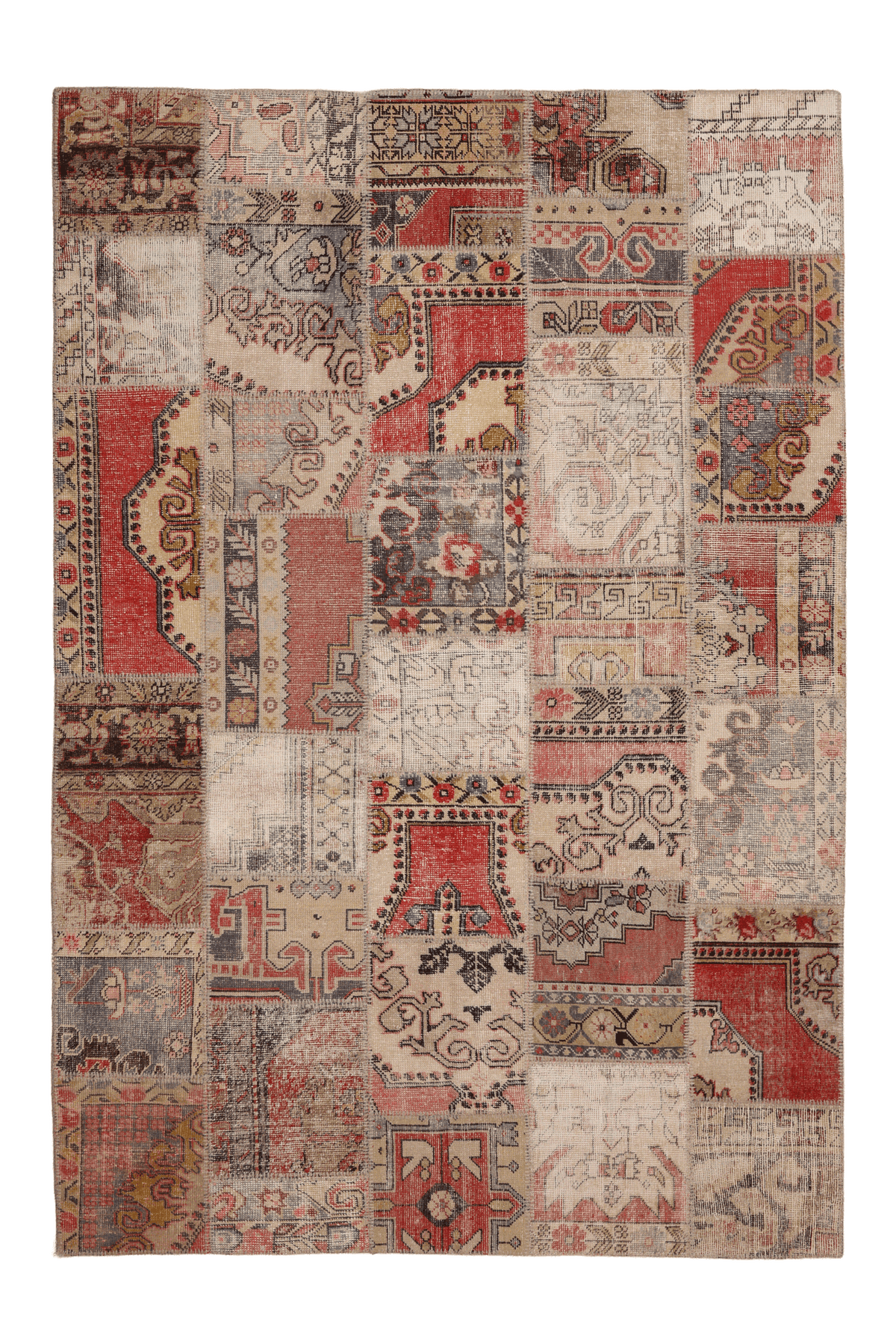 6x9 ft vintage Turkish patchwork area rug featuring vibrant geometric patterns in wool and cotton.
