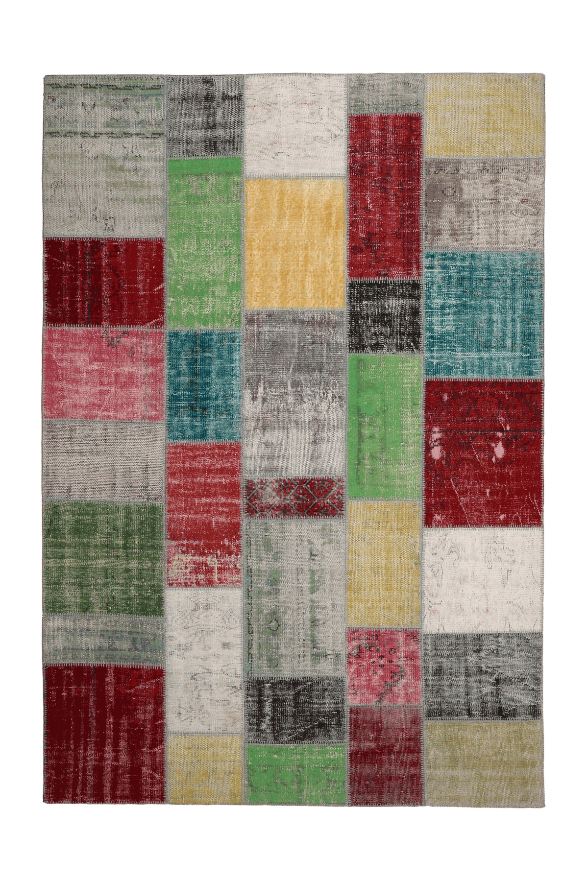 6x9 ft vintage Turkish patchwork area rug in wool and cotton with vibrant, distressed, multi-colored geometric panels.