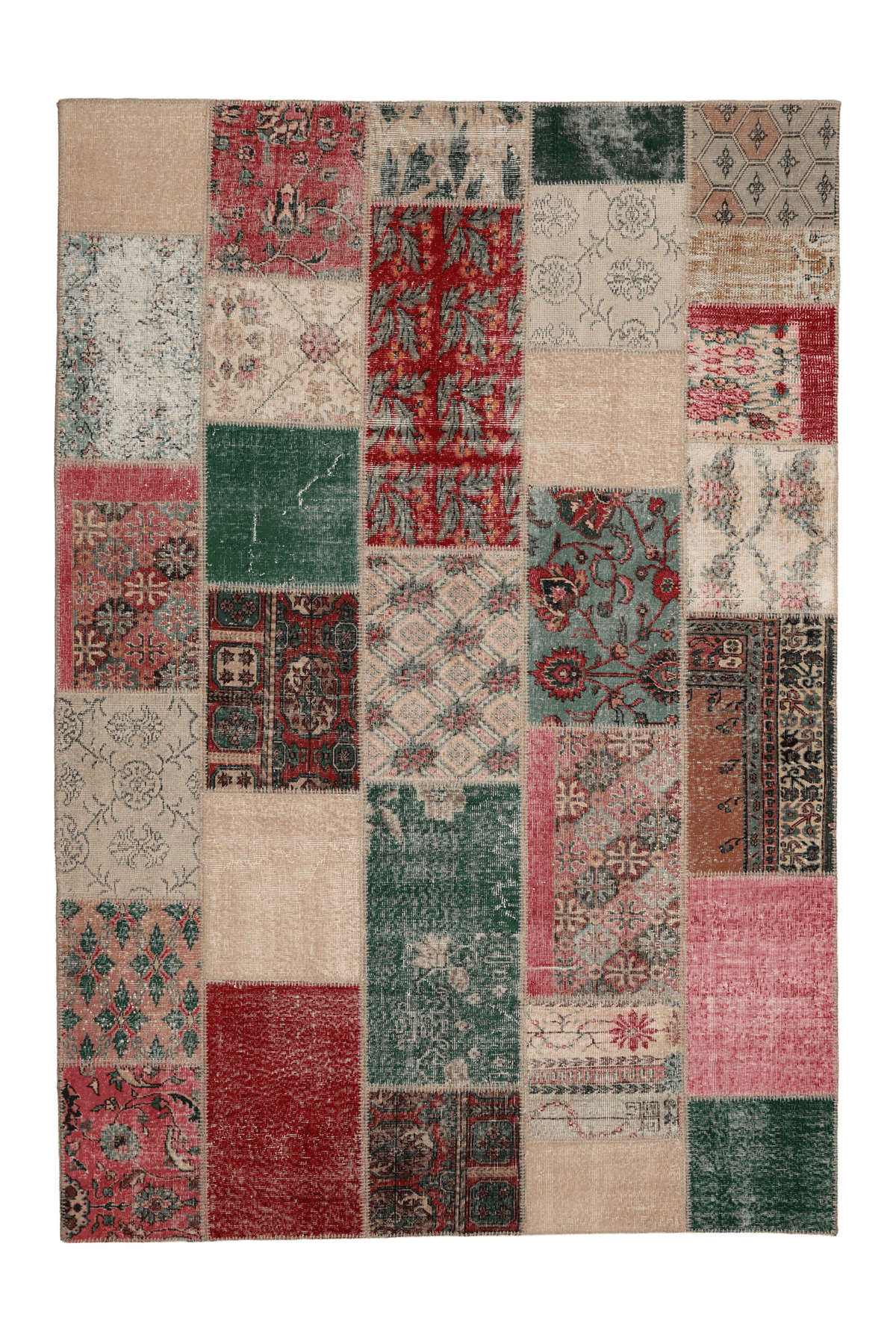 6x9 ft vintage Turkish patchwork area rug featuring vibrant floral patterns in wool and cotton with eclectic colors.