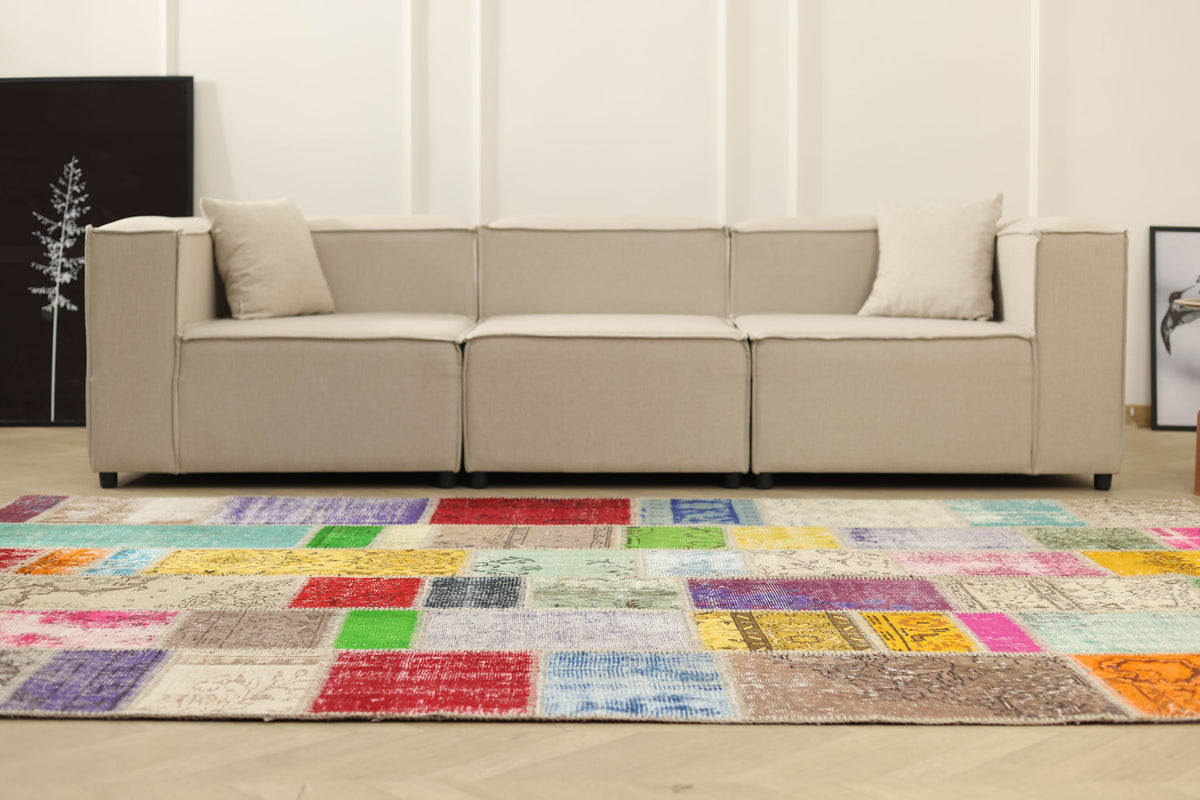 Vintage Turkish Area Rug 6x9 ft — Mixcolor Patchwork (No. 46530)