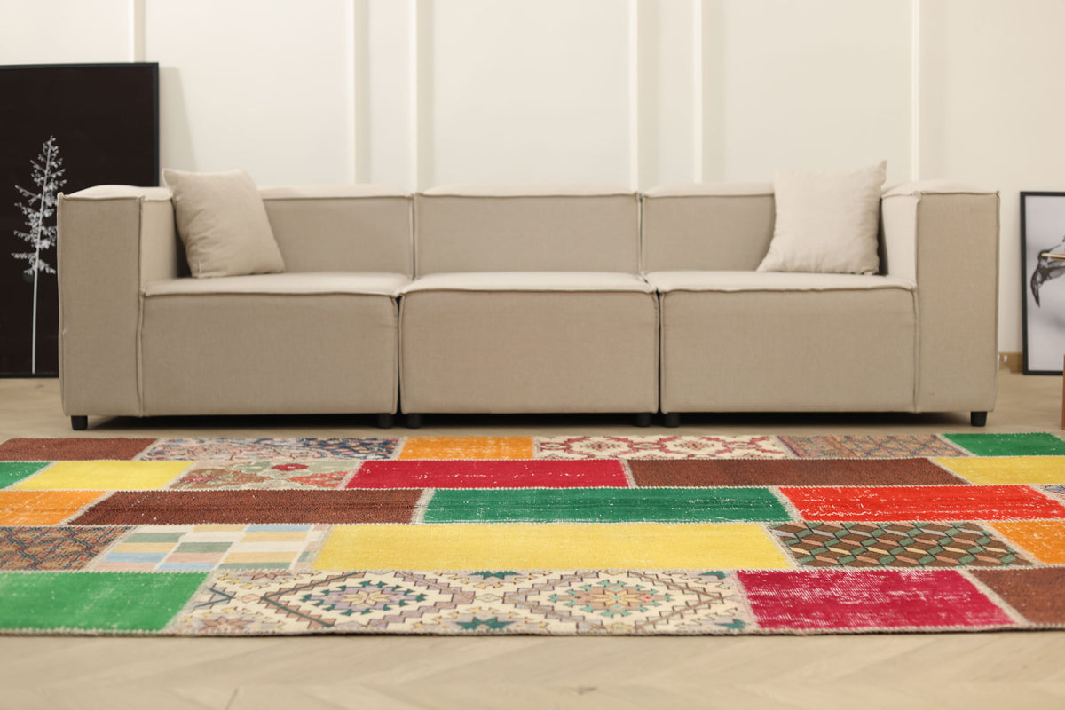 Vintage Turkish Area Rug 6x9 ft — Mixcolor Patchwork (No. 46531)