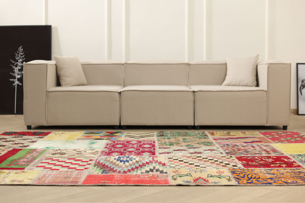 Vintage Turkish Area Rug 6x9 ft — Mixcolor Patchwork (No. 46536)
