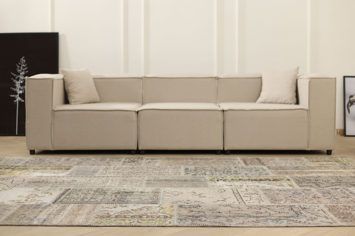 Vintage Turkish Area Rug 6x9 ft — Gray & Beige Patchwork