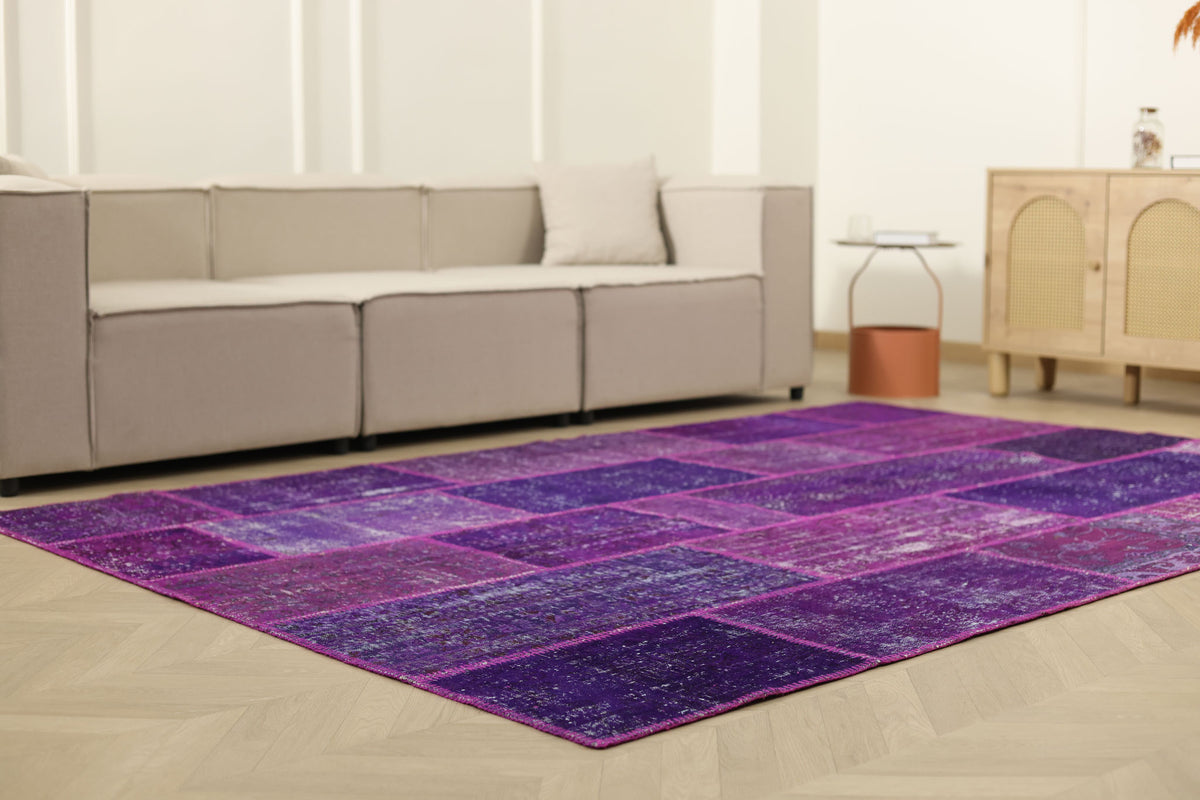 Vintage Turkish Area Rug 6x9 ft — Purple Patchwork