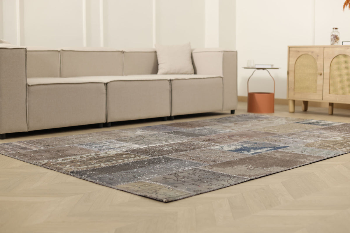 Vintage Turkish Area Rug 6x10 ft — Gray & Brown Patchwork