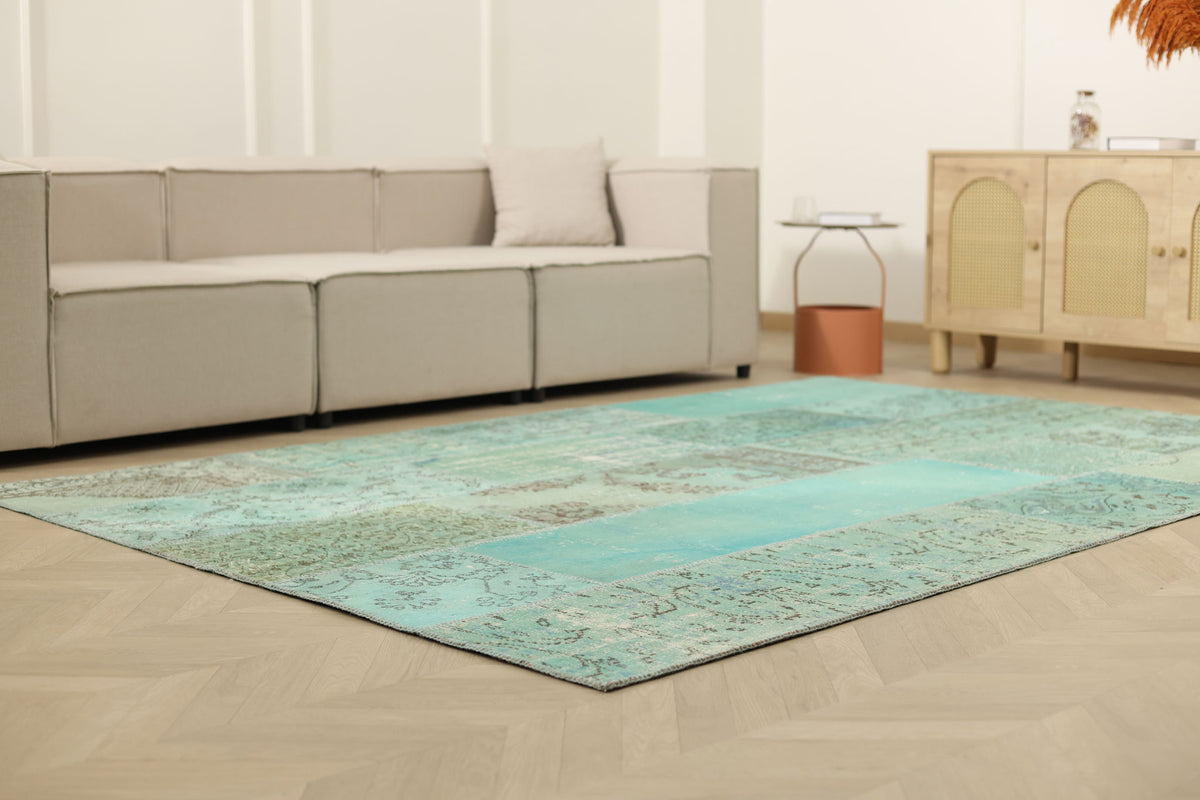 Vintage Turkish Area Rug 6x9 ft — Blue Patchwork (No. 46545)