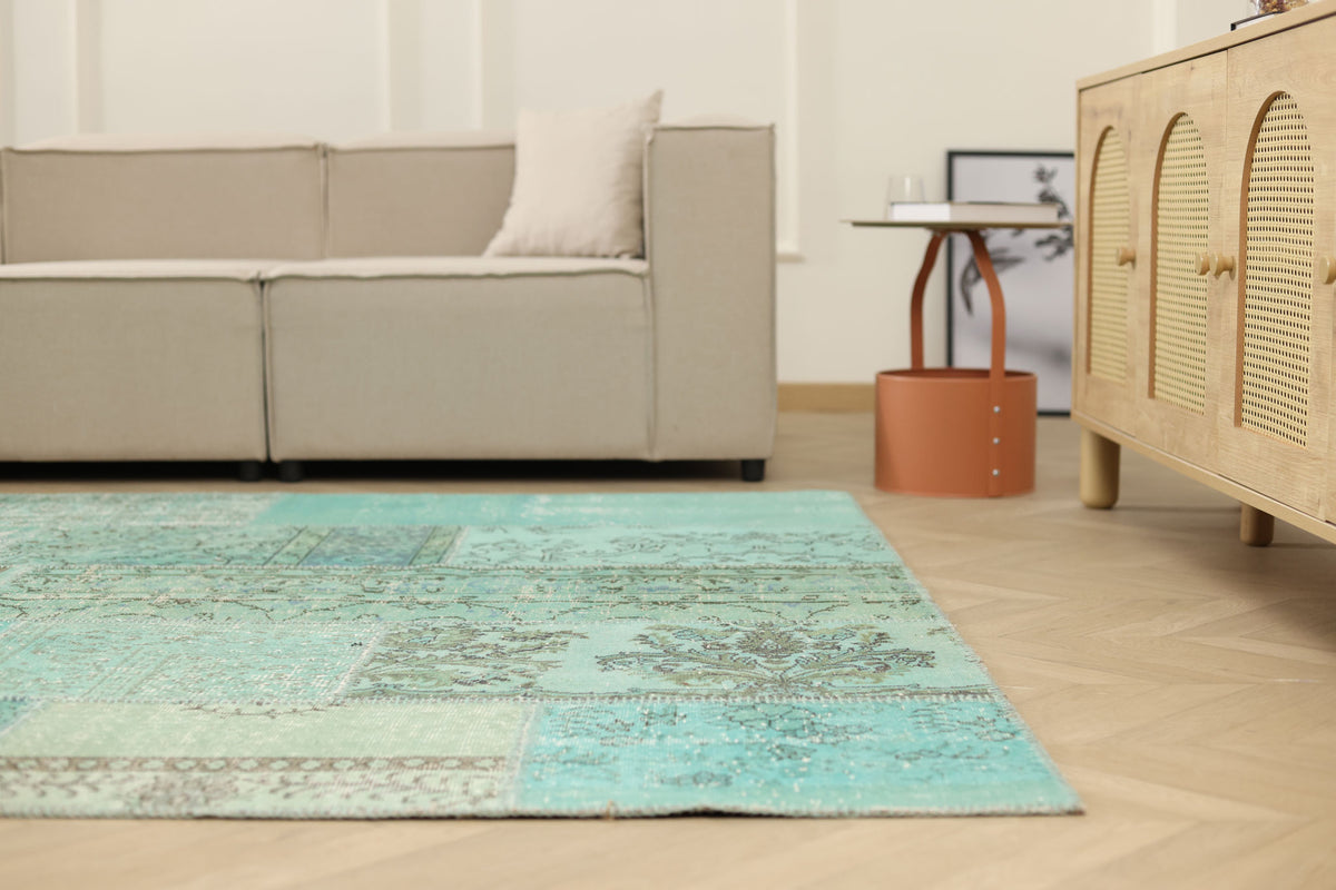 Vintage Turkish Area Rug 6x9 ft — Blue Patchwork (No. 46545)