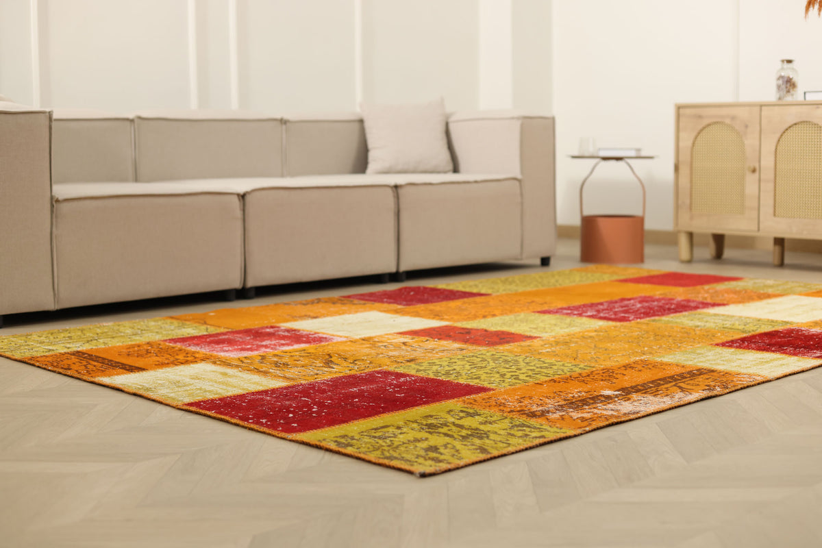 Vintage Turkish Area Rug 6x9 ft — Red & Yellow Patchwork