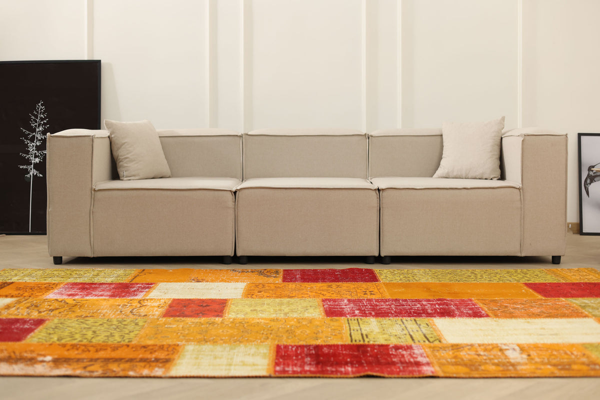 Vintage Turkish Area Rug 6x9 ft — Red & Yellow Patchwork