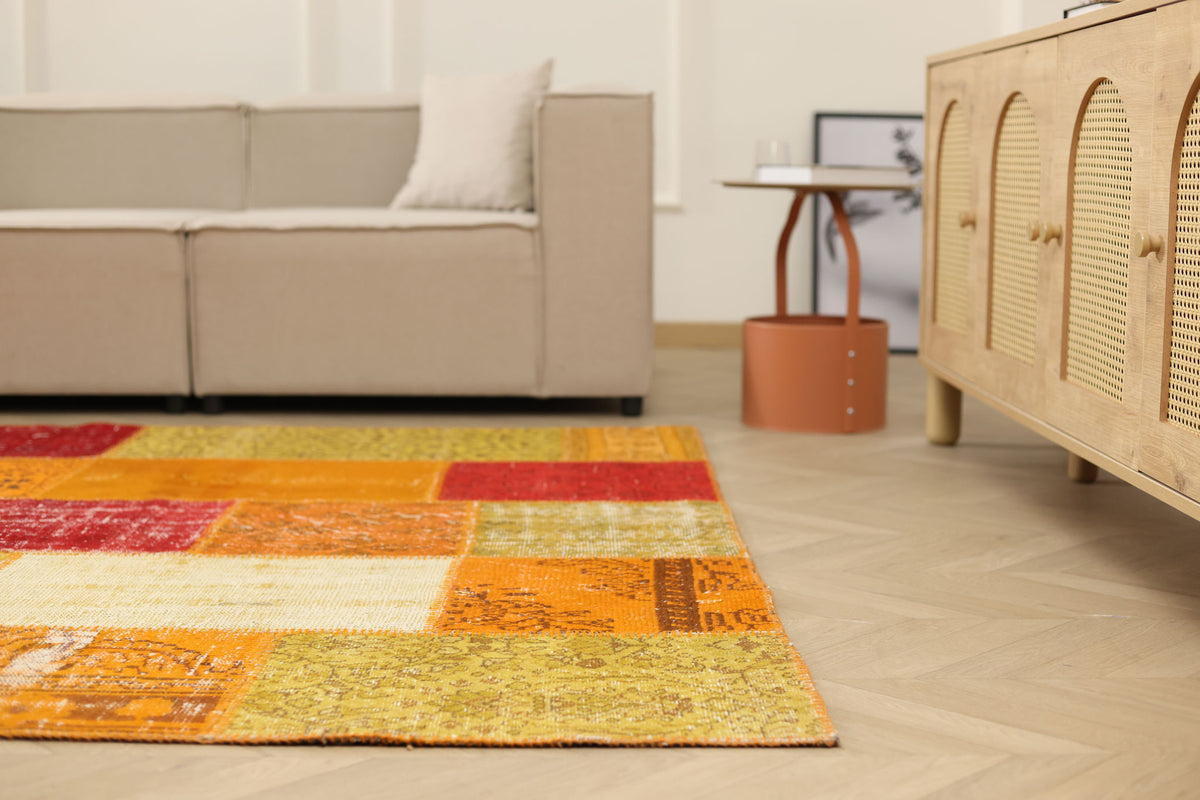 Vintage Turkish Area Rug 6x9 ft — Red & Yellow Patchwork