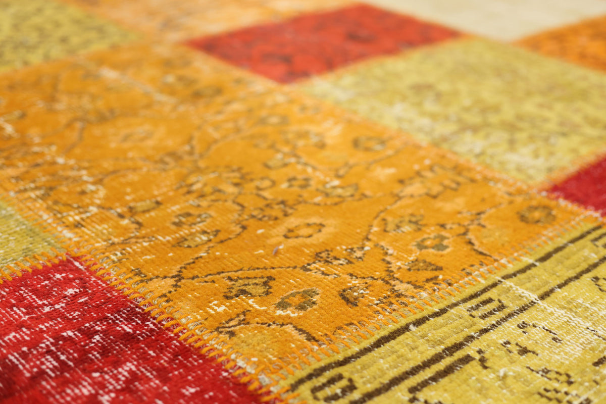 Vintage Turkish Area Rug 6x9 ft — Red & Yellow Patchwork