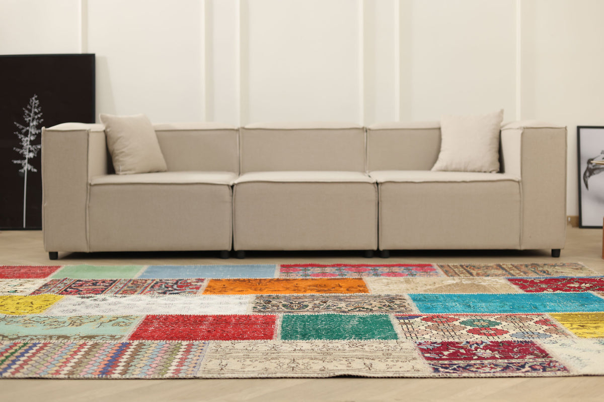 Vintage Turkish Area Rug 6x9 ft — Mixcolor Patchwork (No. 46551)