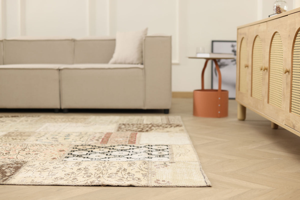 Vintage Turkish Area Rug 6x9 ft — Beige & Brown Patchwork (No. 46552)