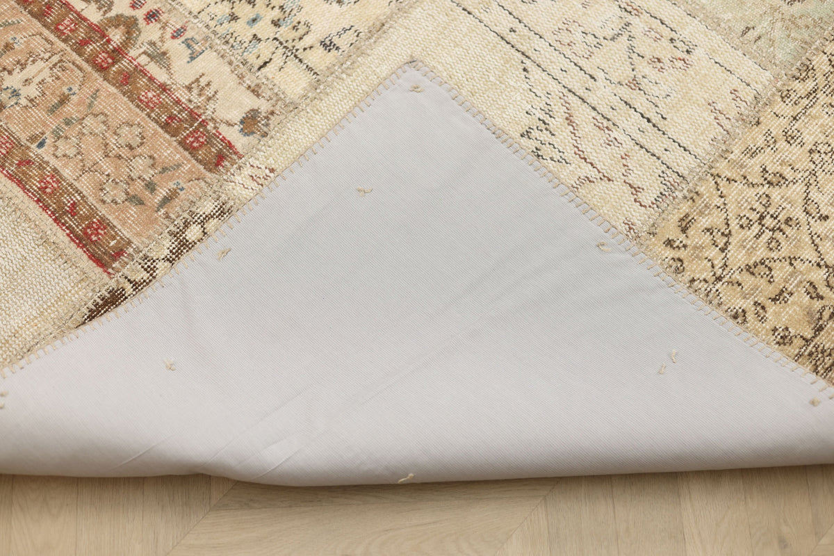 Vintage Turkish Area Rug 6x9 ft — Beige & Brown Patchwork (No. 46552)