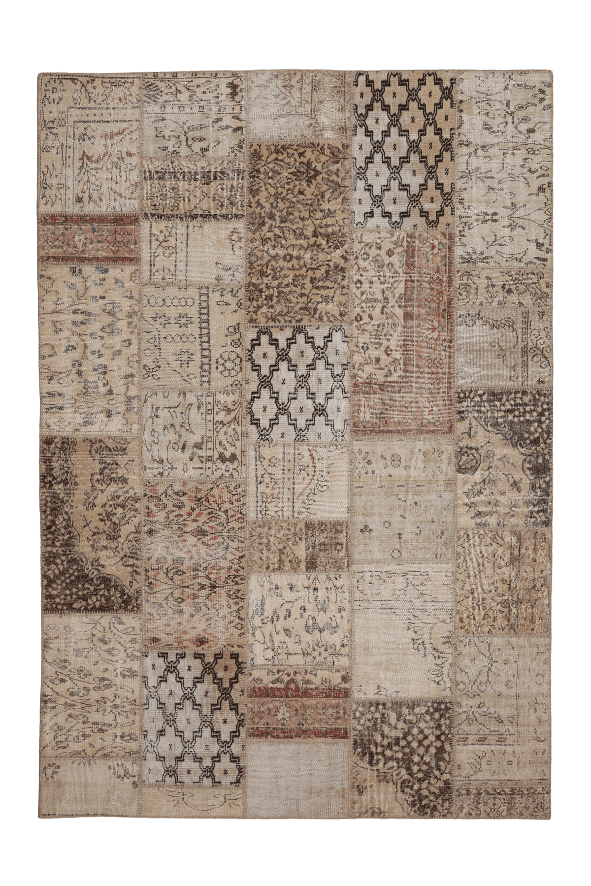 Vintage Turkish Area Rug 6x9 ft — Beige & Brown Patchwork (No. 46552)